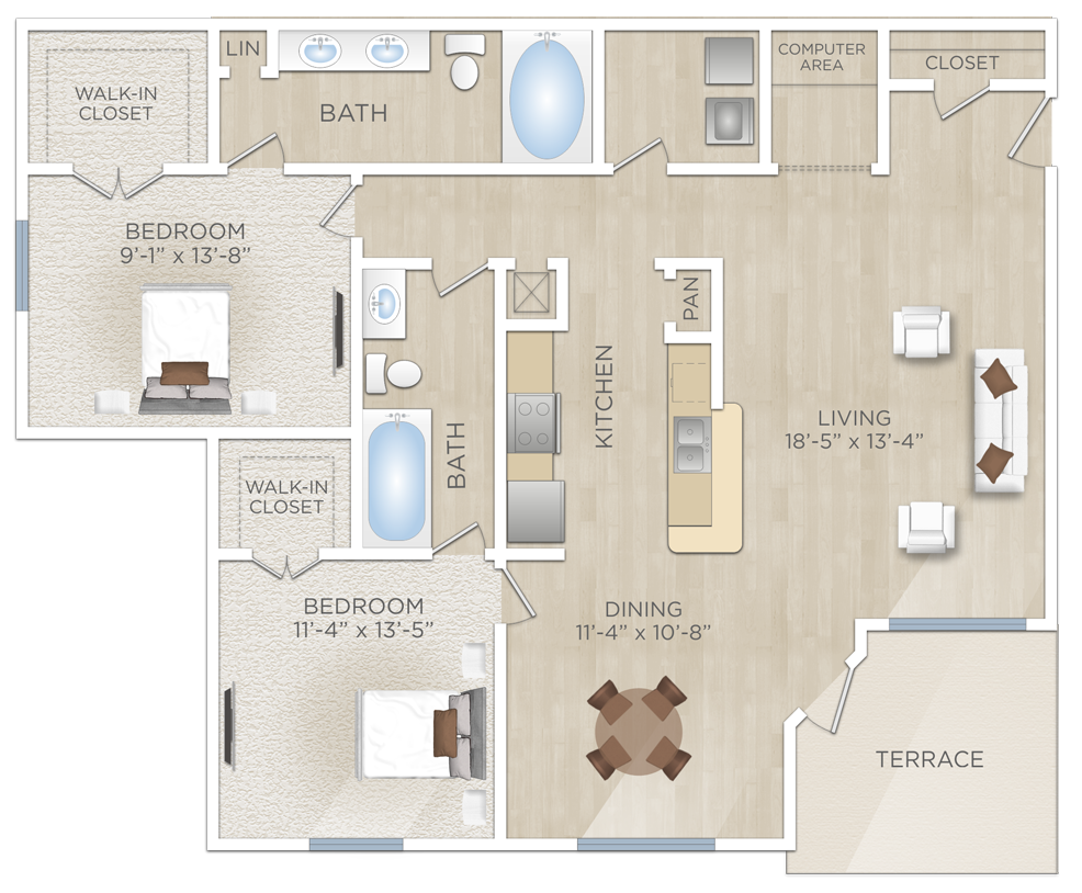 Floor plan for 2 beds, 2 baths, 1227 sqft